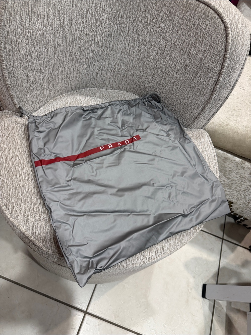 Prada Gray Drawstring Dust Bag with Red Logo Stripe